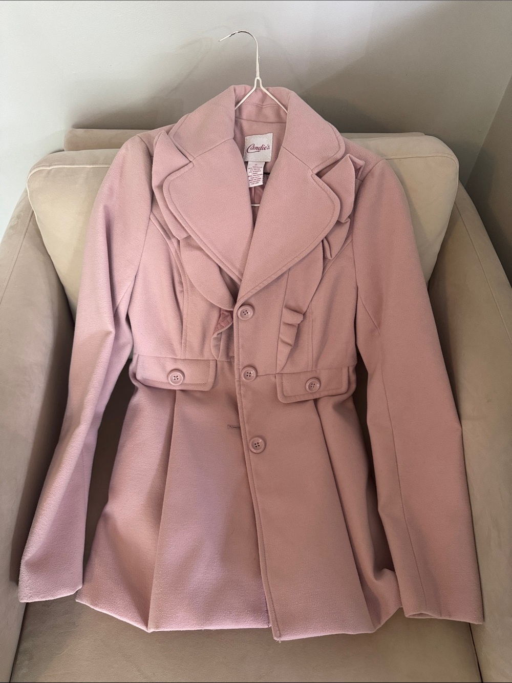 Candie's Dusty Pink Ruffle-Detail Peacoat